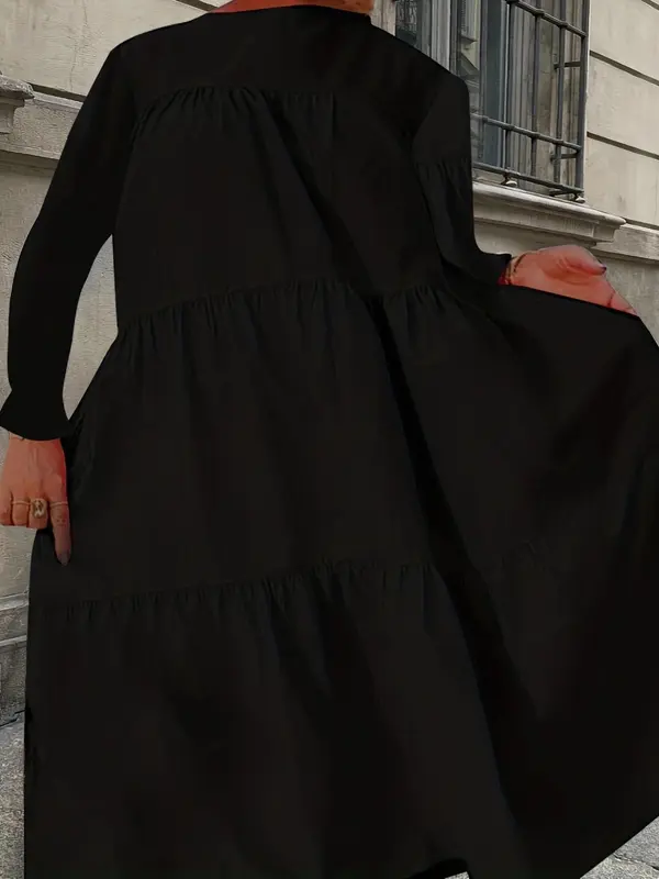 Plus Size Solid Ruffle Hem Flounce Sleeve Smock Dress, Casual Long Sleeve Round Neck Dress for Spring & Fall, Women's Clothes for Daily Wear 1
