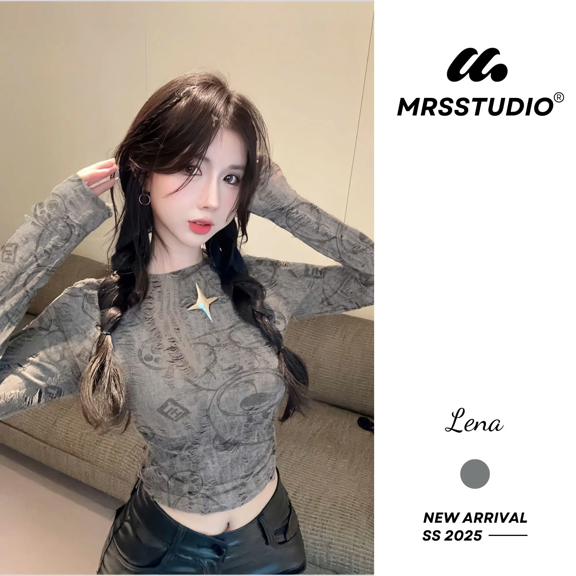 Áo nữ ôm body dài tay nư hiệu ứng rách MRS Nữ Women Xám Nhung Kem