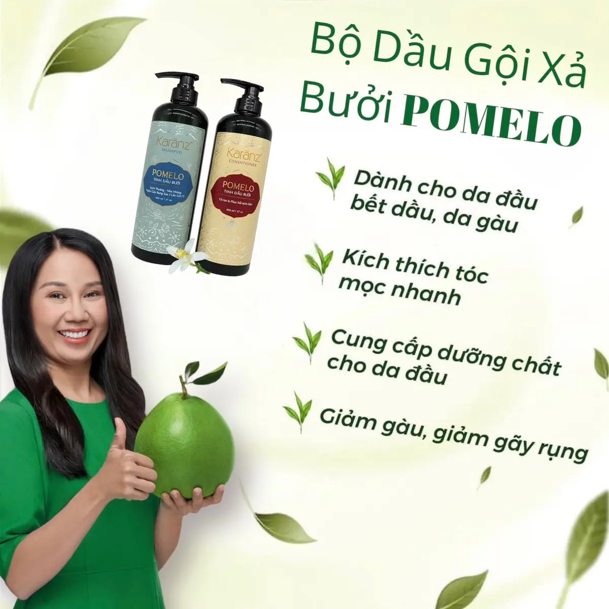 Gội xả  BƯỞI POMELO (2 chai 800ml) giảm rungj tóc, mềm mượt, phù hợp với chị em rụng tóc sau sinh