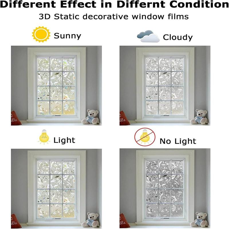 Tulip Pattern Window Film, 1 Roll Decorative Window Privacy Film, 3D Stained Glass Window Sticker, Anti-UV Sun Blocker Heat Control for Home, Ornaments 3