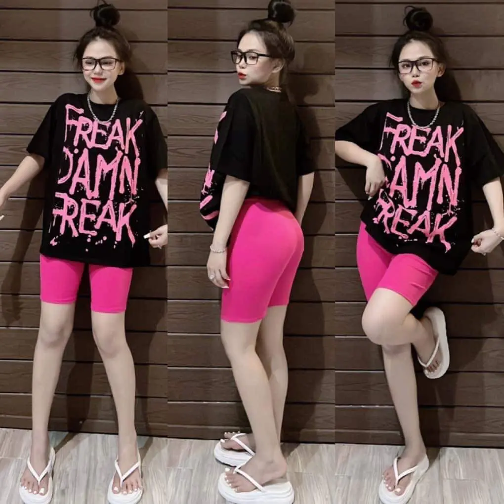 Đồ bộ lửng ngố thun gân kèm áo thun cotton form rộng Nữ Women Top Kem Polo Nhung Đen Quần