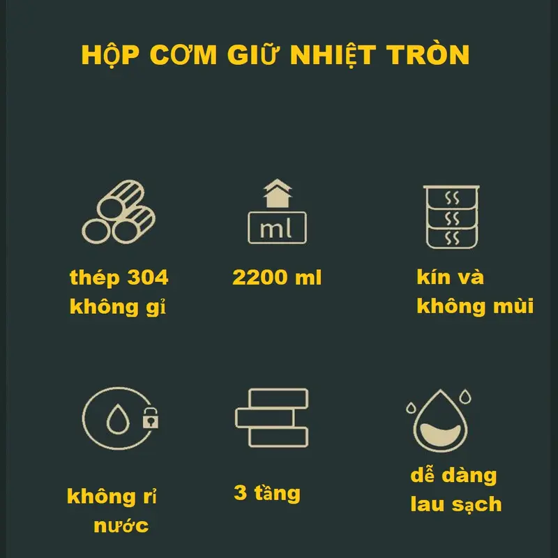[Cao Cấp] Hộp Đựng Cơm/Camen Giữ Nhiệt 3 Tầng 2200ml Lõi Inox 304 + Tặng Kèm Muỗng 2