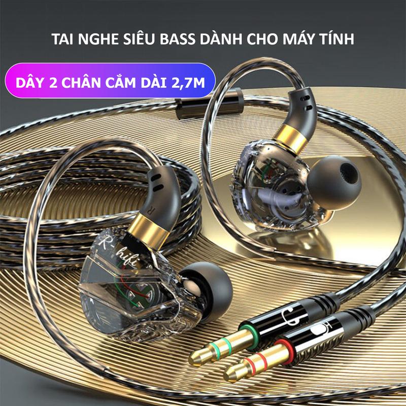 Tai nghe PC gaming có dây in ear dây dài 2,5m có mic đàm thoại jack cắm đôi 3.5mm- Poermax M35