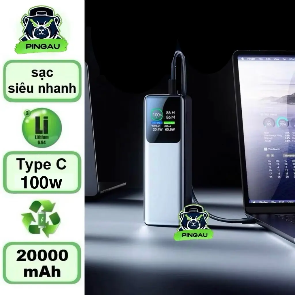 Sạc dự phòng 20000mAh 100w pin Lithium type C màn hình TFT sạc laptop điện thoại SIÊU NHANH