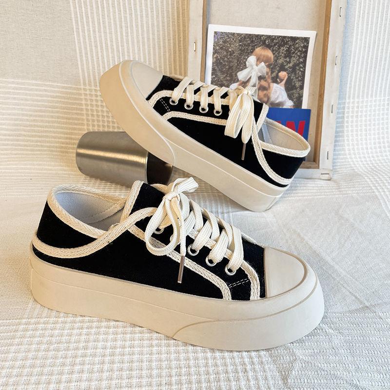 Giày thể thao nữ chất liệu vải canvas, 2 màu đen trắng họa tiết bo viền 2022, cao 4-5cm , Lù Store