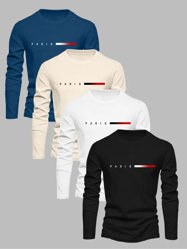 Men's Solid Color Round Neck Long Sleeve Sweatshirt, 4 Counts/set Casual Crew Neck Pullover for Fall & Winter, Men's Clothes for Daily Wear 3
