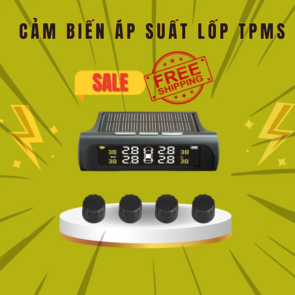Van ngoài _Cảm biến áp suất lốp ô tô xe hơi gắn ngoài cao cấp , Pin sạc năng lượng mặt trời, màn hình LCD, tuổi thọ pin 5 năm Cao Su