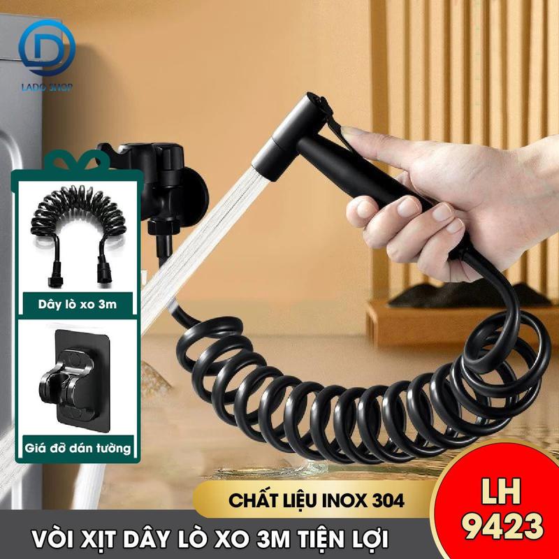 Vòi xịt vệ sinh nhà tắm vòi xịt toilet inox 304 LH-9423 + kèm giá đỡ dán tường dây lò xo kéo giản tới 3m bền bỉ