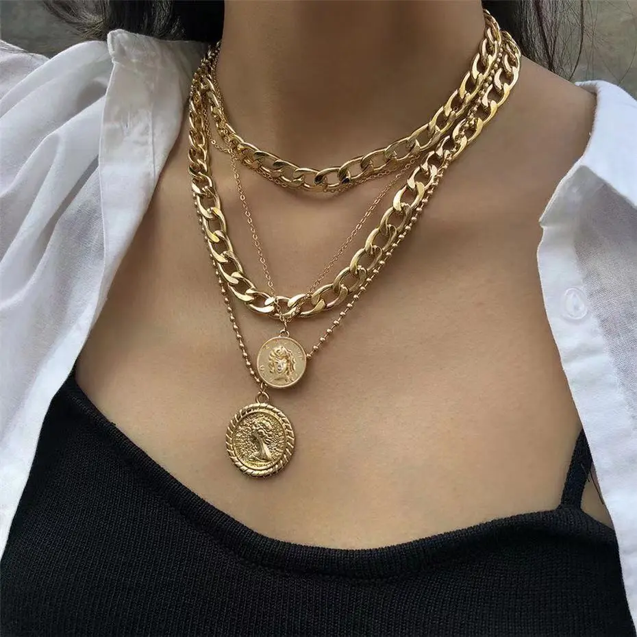 Hot Sale Multi-Layer round Plate Pendant Personality Trend Head Necklace Neck Accessories