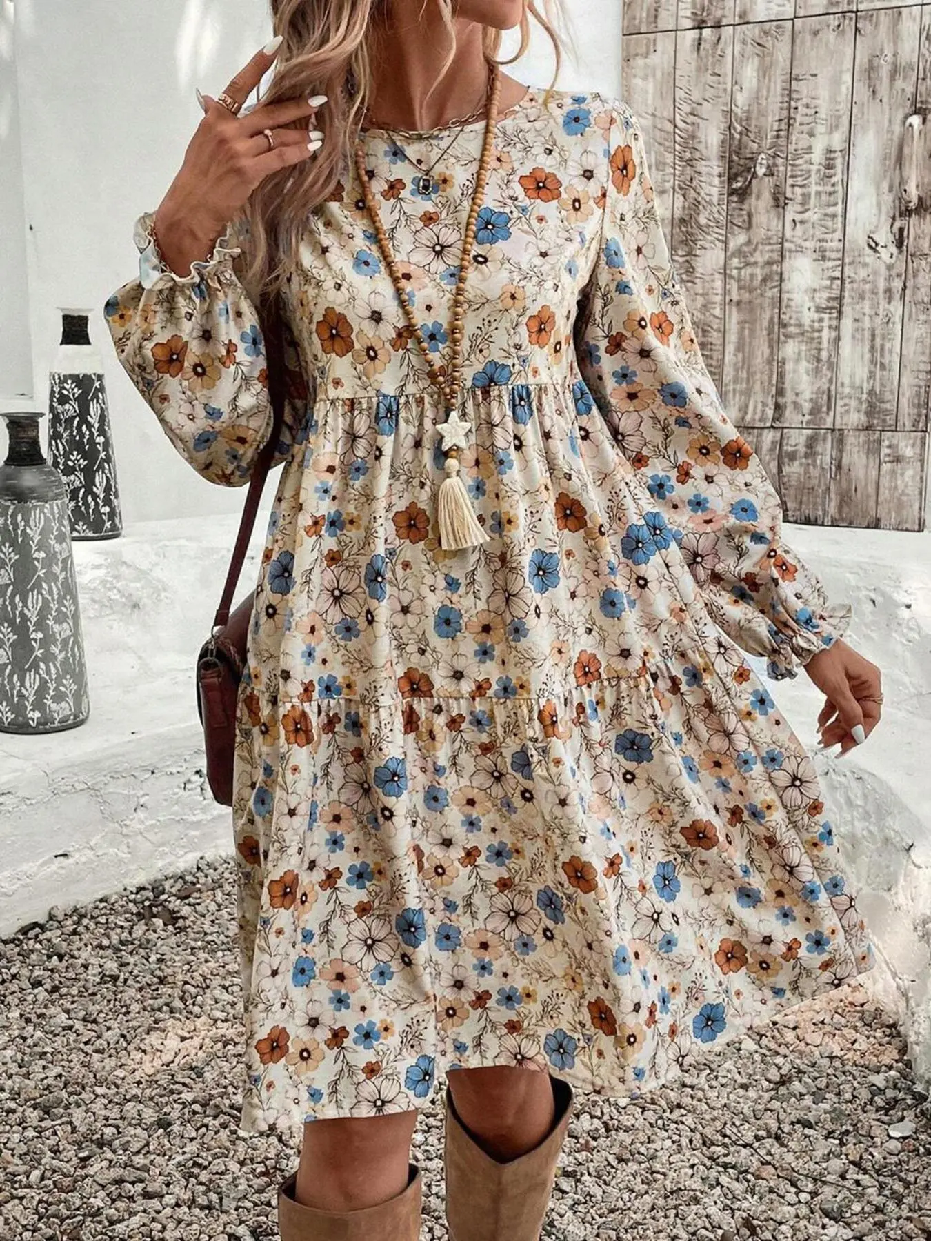 Women's Ditsy Floral Print A Line Dress, Boho Fashion Casual Ruffle Hem  Dress for Daily Holiday Vacation Wear, Ladies Dress for All Seasons