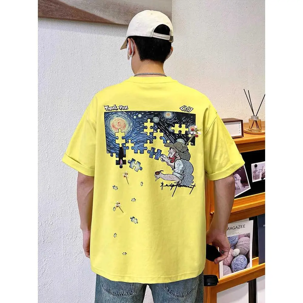 Áo Thun Ngắn Tay Van Gogh, Thương Hiệu Hồng Kông Hợp Xu Hướng, Họa Tiết Ngôi Sao Đêm Mùa Hè, Thời Trang Mỹ Cao Cấp, Dành Cho Nam Giới, Thích Hợp Cho Tình Nhân, Hàng Mới Về 2025 Menswear Cổ Tròn