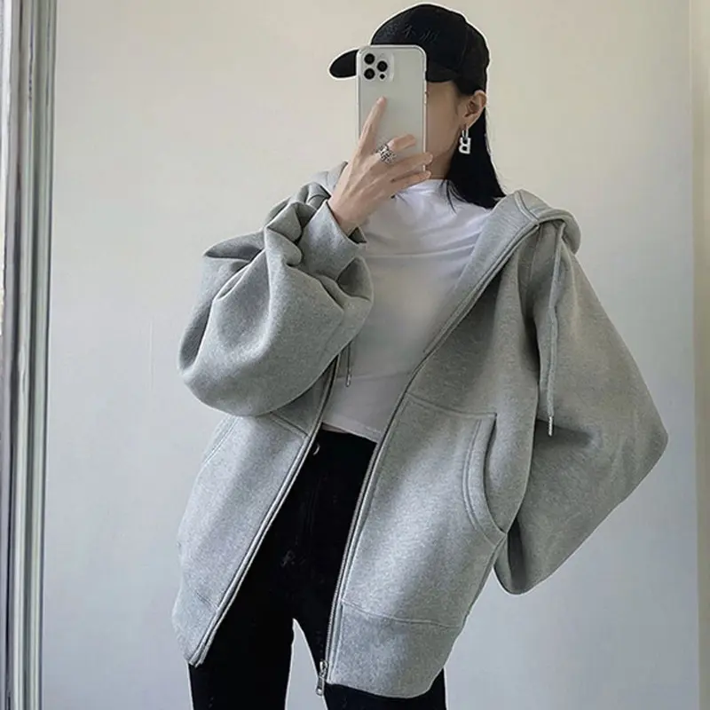 2025 Thin Hooded Zipper Jacket Unisex Autumn Loose Casual Gray Sweatshirt Simple Top