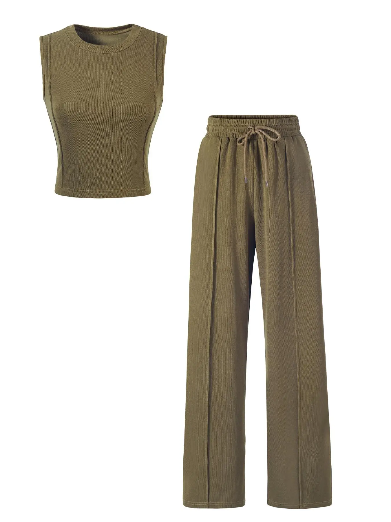 Two-piece Set Women's Solid Crop Tank Top & Drawstring Waist Pants Set, Casual Sleeveless Round Neck Top & Wide Leg Pants for Daily Wear, Ladies Year-round Outfits for All Seasons