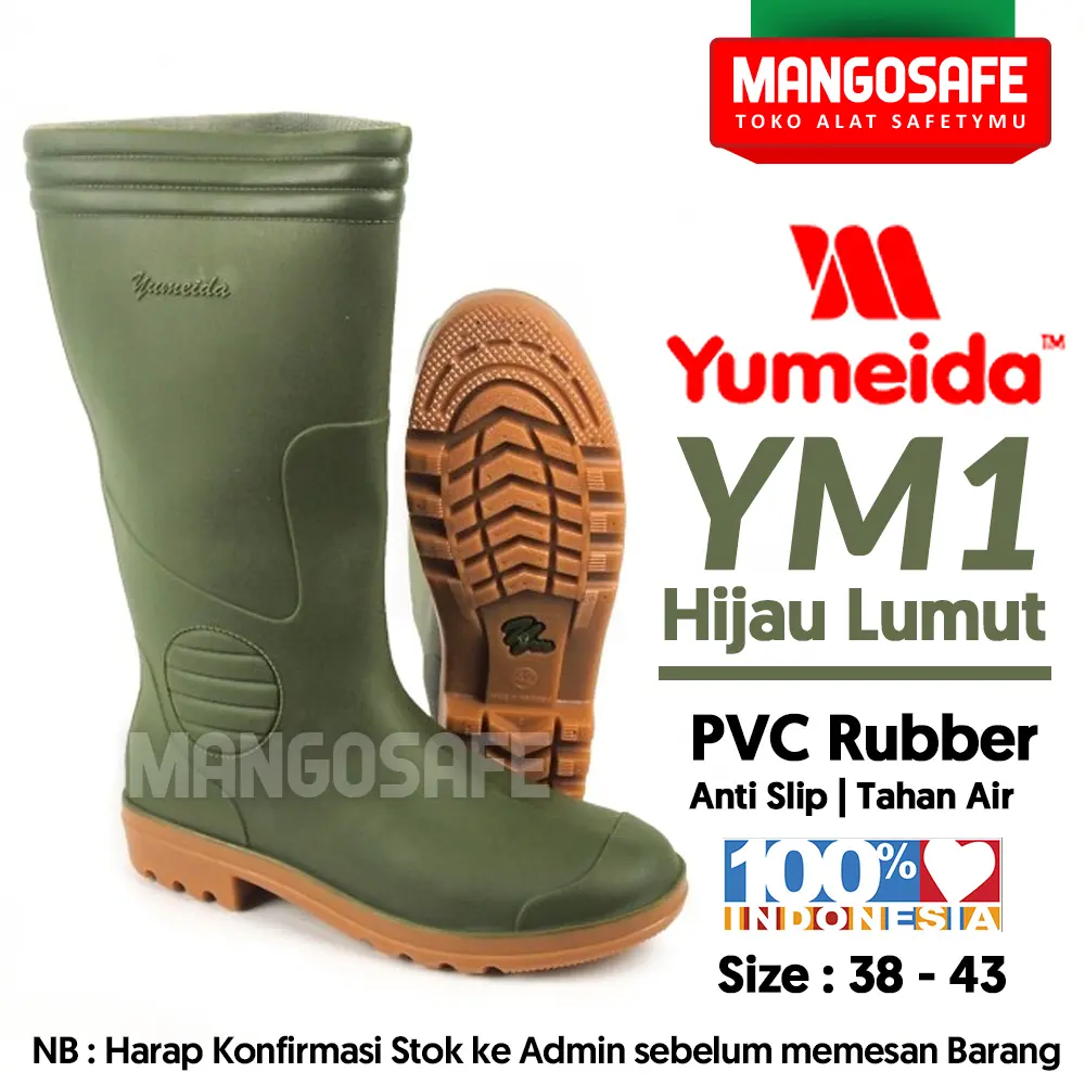 YUMEIDA YM1 Hijau / YM 1 Sepatu Karet PVC Boot Hujan Tinggi Anti Air / Sepatu Petani Proyek Pabrik Kebun Waterproof Green