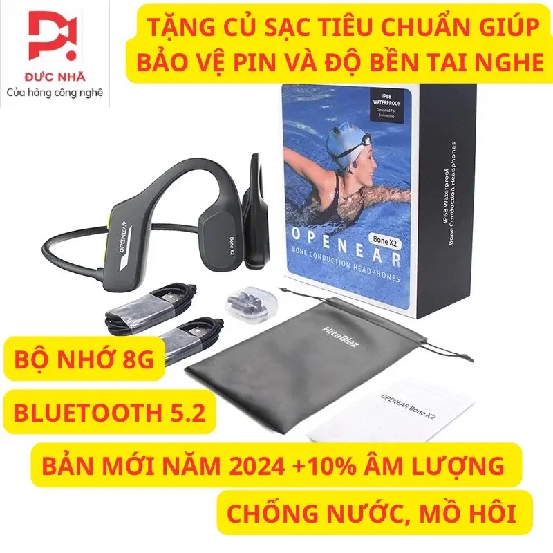 Tai nghe truyền âm qua xương Openear-BoneX2 - BT5.2, thể thao, bơi lội, chống nước IP68, 8G lưu trữ Nghe Nhạc, Bluetooth