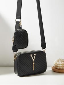 Women's Fashion Letter Label Decor Crossbody Bag & Coin Purse, Casual Versatile Zipper Shoulder Bag & Coin Purse, Trendy High-quality Daily Commuting Bag Set, Handbags for Women, Airport Outfits 2025, Holiday Outfits