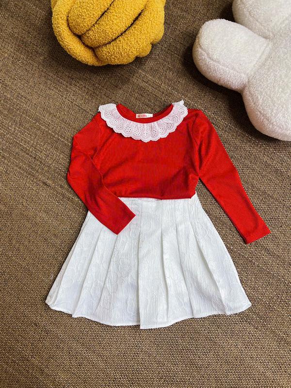 Set Áo Gân Đỏ Tay Dài Cổ Ren Trắng Kèm Chân Váy Xếp Li Trắng Hoa 85U Dành Cho Bé Gái