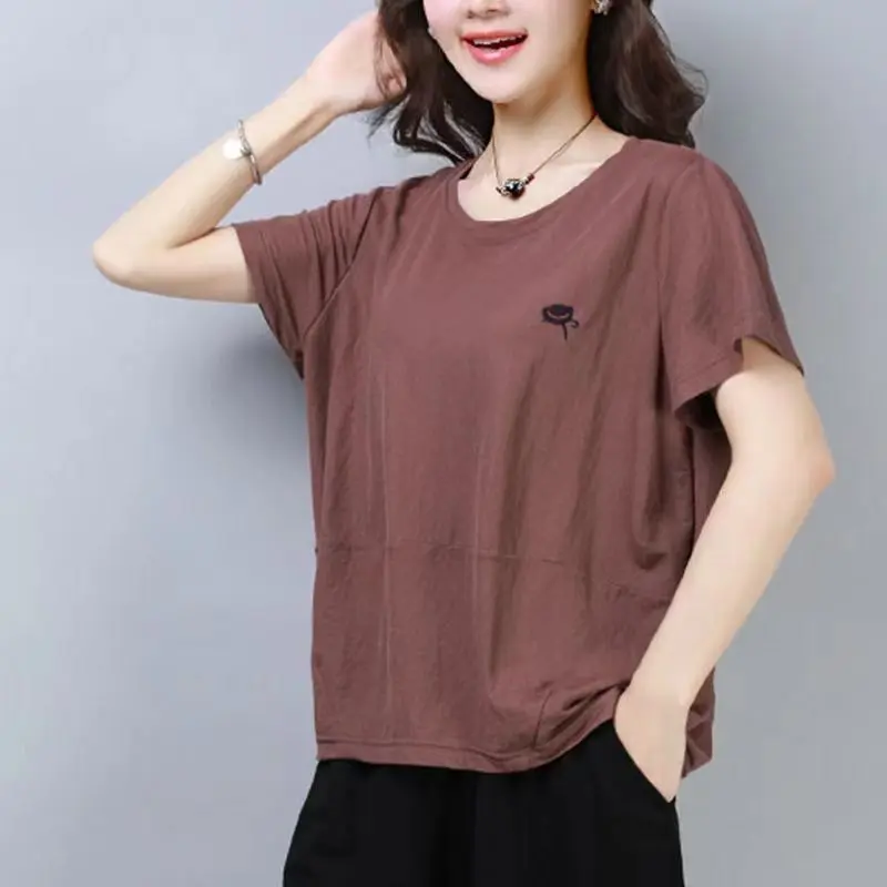 Quần Áo Nữ Trung Niên 1012100.00Kg, Áo Thun Ngắn Tay Dáng Rộng Phong Cách Hàn Quốc, Ngoại Cỡ, Cô Gái Đầy Đặn, Giấu Bụng, Áo Nữ, Mùa Hè 2024