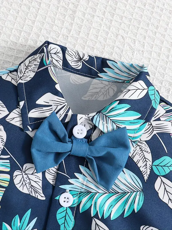 Toddler Boy's Leaf Print Short Sleeve Shirt & Suspender Shorts & Tie & Hat & Sunglasses Set, Summer Clothes for Kids 3