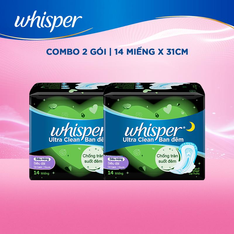 Combo 2 Gói Băng Vệ Sinh WHISPER Ultra Clean Khô Thoáng Siêu Mỏng Ban Đêm 31cm-12 Miếng (HSD:29/08/2025)