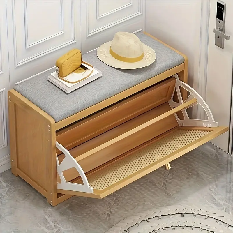 A Modern Bamboo Storage Stool with Flip Cover, Limbs and Back Design, Wrapped Hybrid Seat, Multifunctional Shoes Rack, Suitable for Entrance, Corridor, Living Room, Balcony-Natural Tone, 69.85cm