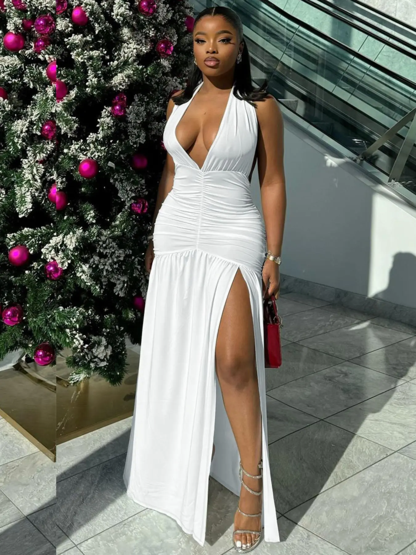 Women's Plain Deep V Neck Split Backless Halter Neck Dress, Elegant Solid Color Ruched Evening Party Club Dating Birthday Holiday Long Dresses for Women, Gowns Beautiful Gowns