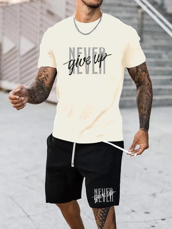 Two-Piece Set Men's Letter Print Tee & Shorts, Regular Fit Round Neck Short Sleeve T-Shirt & Track Shorts, Casual Summer Clothes Set for Outdoor 4