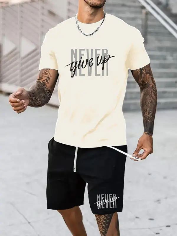 Two-Piece Set Men's Letter Print Tee & Shorts, Regular Fit Round Neck Short Sleeve T-Shirt & Track Shorts, Casual Summer Clothes Set for Outdoor 4