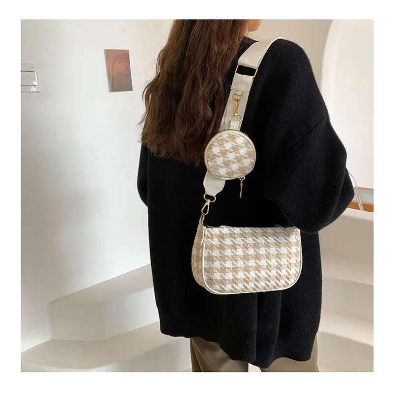 Product Introduction of Female Vintage Plaid Printing Shoulder with Mini Round Purse Pendant Women Casual Small Crossbody Bags 2pcs Composite 15