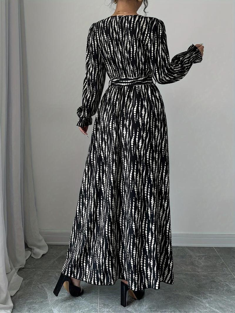 Product Introduction of Women's Polka Dot Print V Neck Belted Dress, Elegant Long Sleeve Dress for Spring & Fall, Women's Clothing for Daily Wear 2