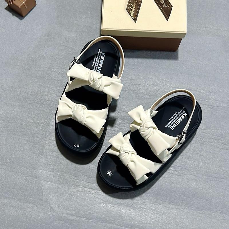 Sandal Nữ quai nơ cột đế cao 5cm da mềm êm nhẹ chân mũi tròn màu nâu/kem/đen 3