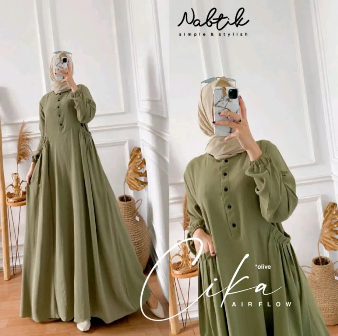 Rdafa Gamis Warna Sage Busui Kancing Depan Wanita Terbaru Polos Muslim Panjang Airflow Crinkle