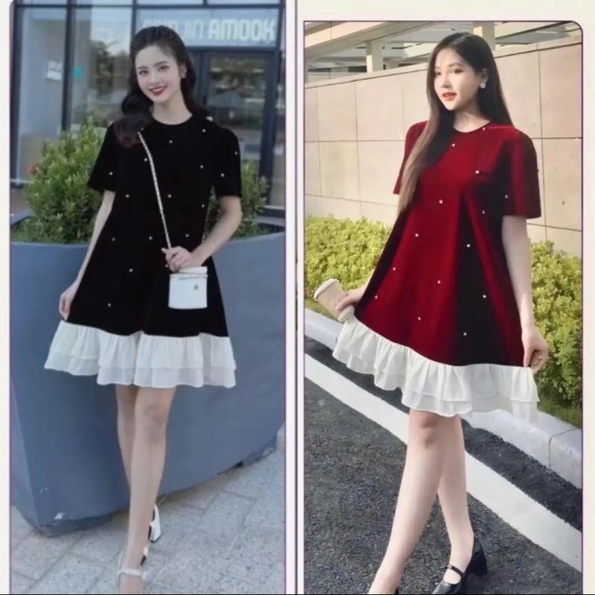 Váy Bầu , Váy Suông Đính ngọċ Thân Dáng Tiểu Thư Đi Chơi Đi Làm