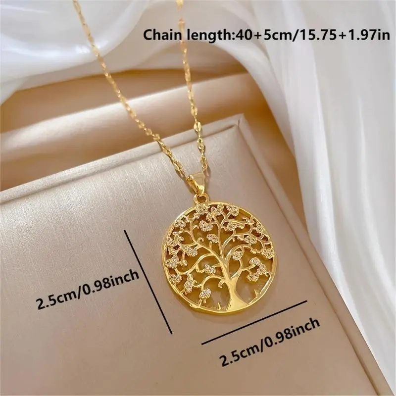 [Party Highlight] Luxurious Life Tree Pendant Necklace with Sparkling Synthetic Zirconia Stones, 18K Golden-Plated Stainless Steel Chain, Elegant Gift for Special Occasions, Perfect Holidays and Parties, mother's day gift