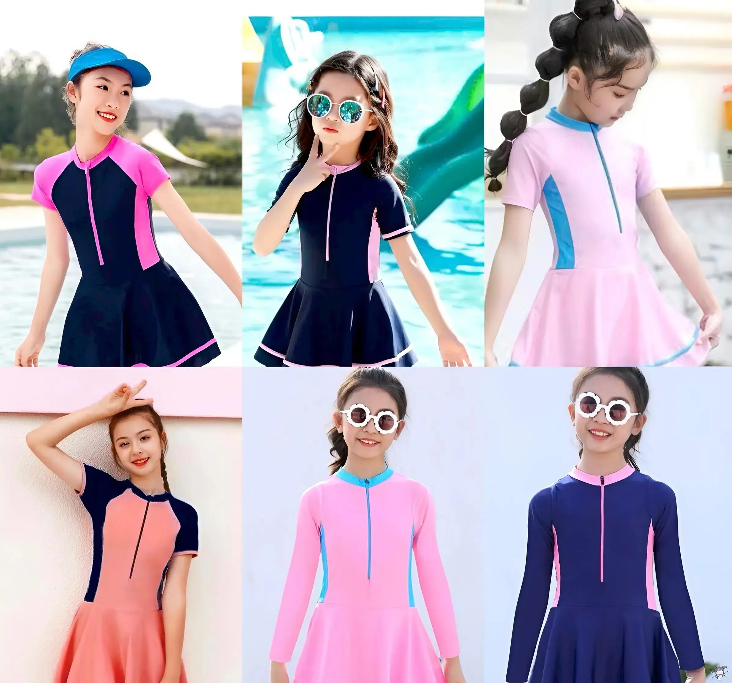 [MinMinKid3] (10-45kg, dưới 1m5) Đồ bơi, Bikini liền thân kiểu váy tay ngắn, tay dài cho bé gái đi biển, du lịch