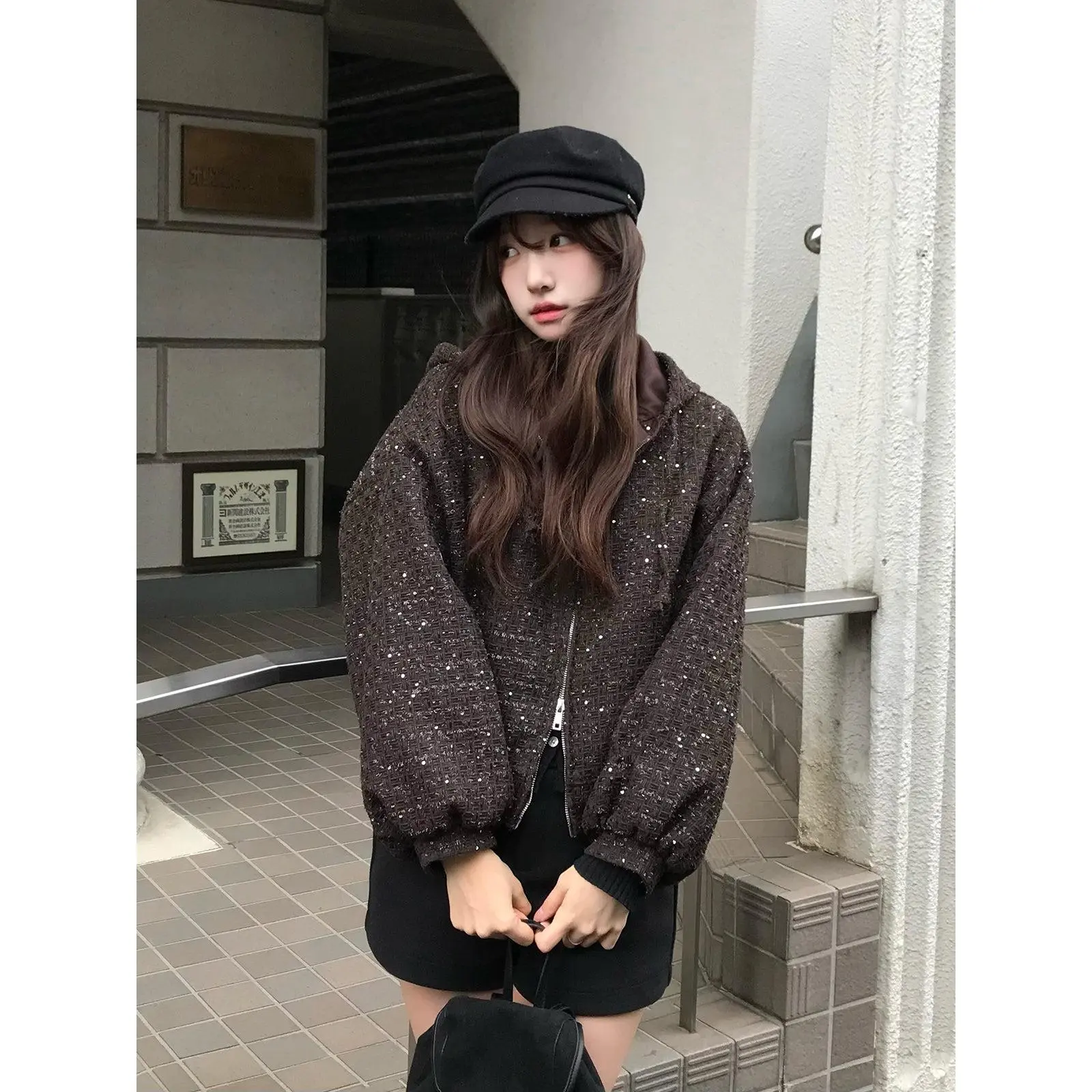 EMMY グリッターツイードダブルジップブルゾン - TikTok Shop