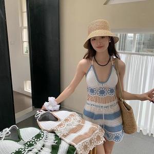 Beach Vacation Set for Women Sexy Hollow Out Knit Halter Neck Backless Tank Top Two-Piece High Waist Wide Leg Shorts