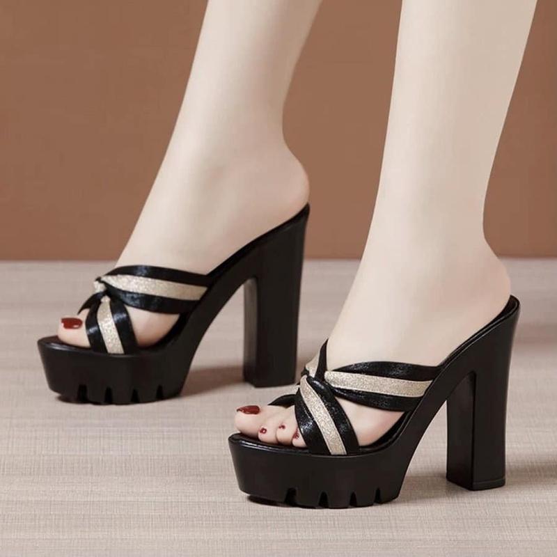 DÉP CAO GÓT QUAI CHÉO SỌC CỰC SANG CHẢNH DéP Nữ GiàY Shoes Jean Nhung Sandal guốc 15 phân