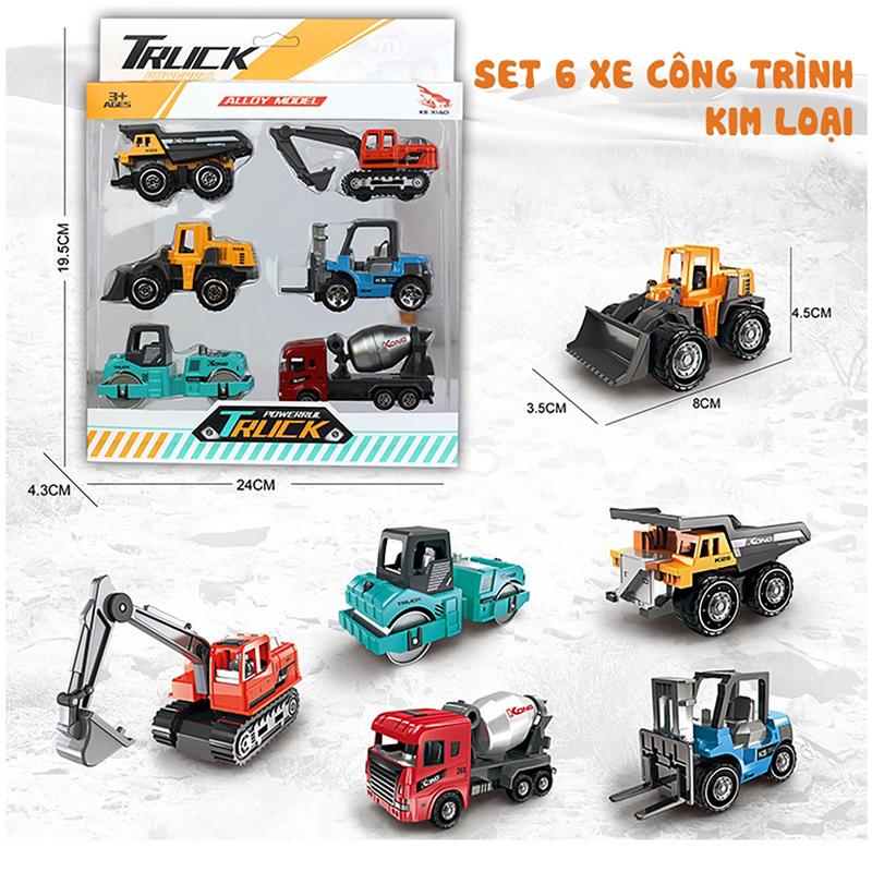 Set 6 mô hình ô tô kim loại công trường tỷ lệ 1:64, bộ xe công trình bằng hợp kim Toy Đồ Chơi