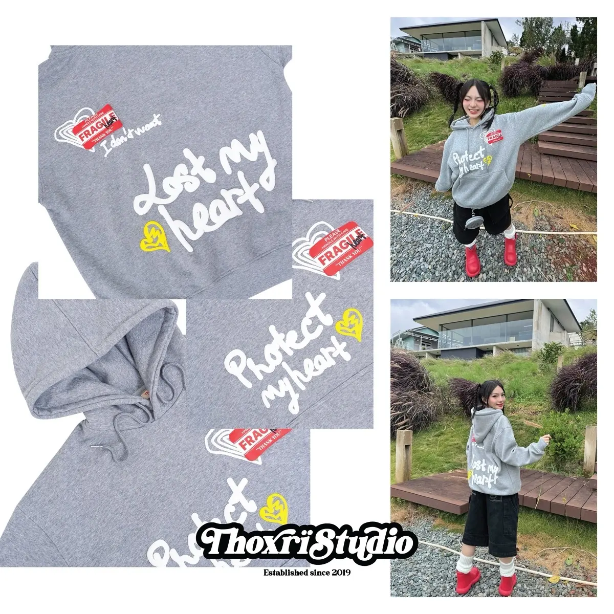Áo Hoodie nỉ bông mịn in phồng nổi FRAGILE HEART THOXRI