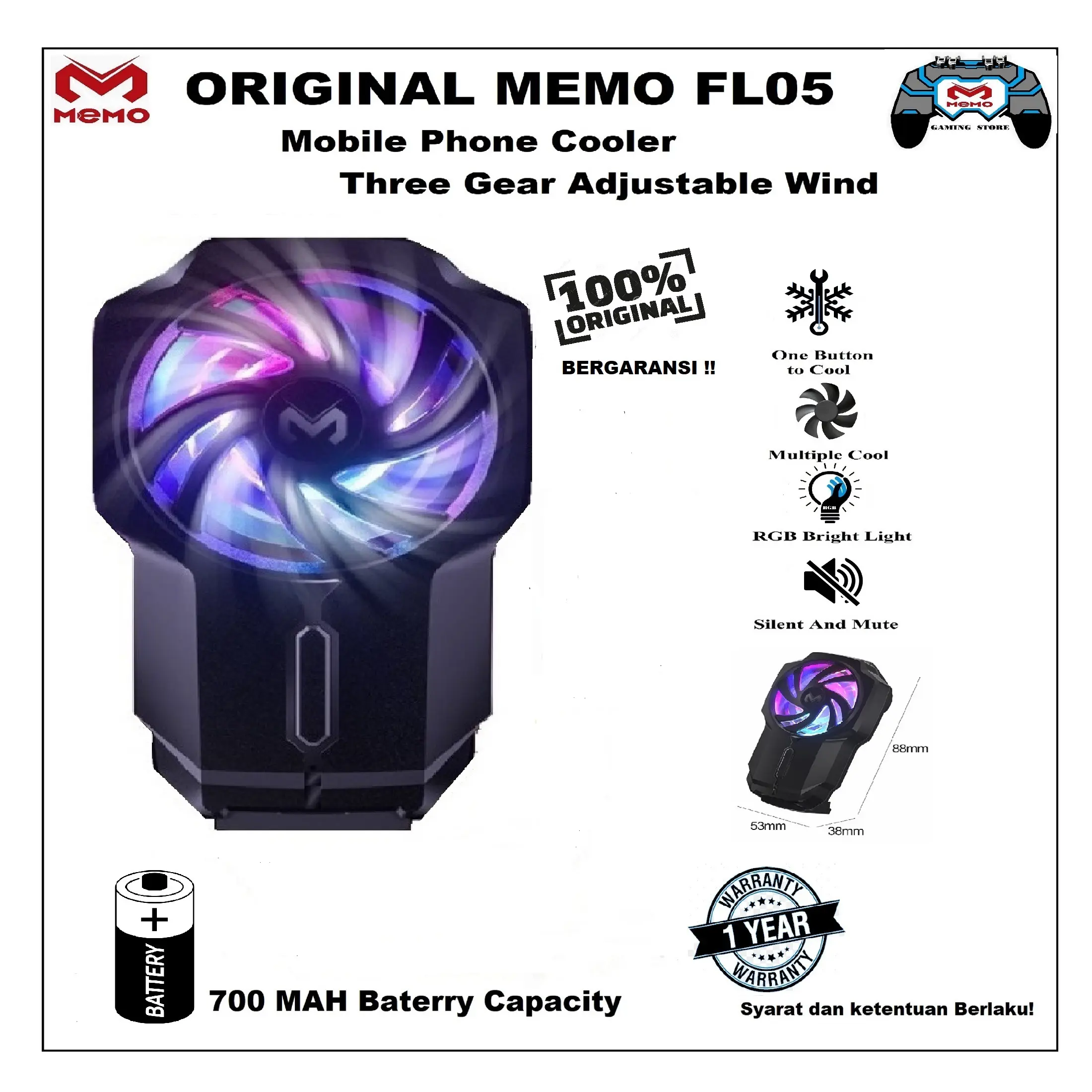 Memo FL05 LED RGB Mobile Phone Cooler Gaming 700mah Kipas Pendingin HP Cooling fan Rechargeable Battery TPU Plastik Black Angin