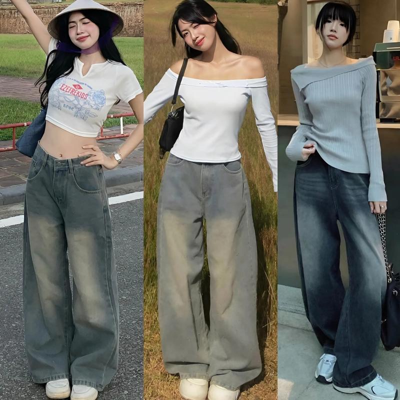 Quần Bò Xuông Ống Rộng Wash Cạp Cao MIAA Form Rộng Màu RETRO, Quần Jean Ống Rộng Suông Nữ lưng cao có BIGSIZE S-2XL Pants Baggy
