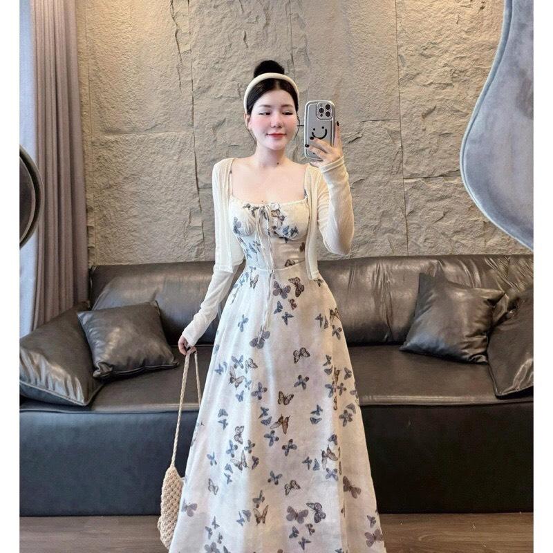 BIGSIZE HIẾU HIẾU (55-95KG) - Set váy 2 dây maxi dáng dài hoạ tiết B + áo khoác ngoài tay dài nhẹ nhàng thích hợp du lịch