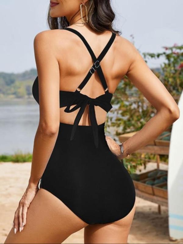 Women's Colorblock Print Criss Cross Cut Out Ruched One-Piece Cami Swimsuit, Casual Chic Sweetheart Neck Tie Back Sleeveless Swimwear, Ladies Summer Swimsuit for Beach Holiday Vacation 2