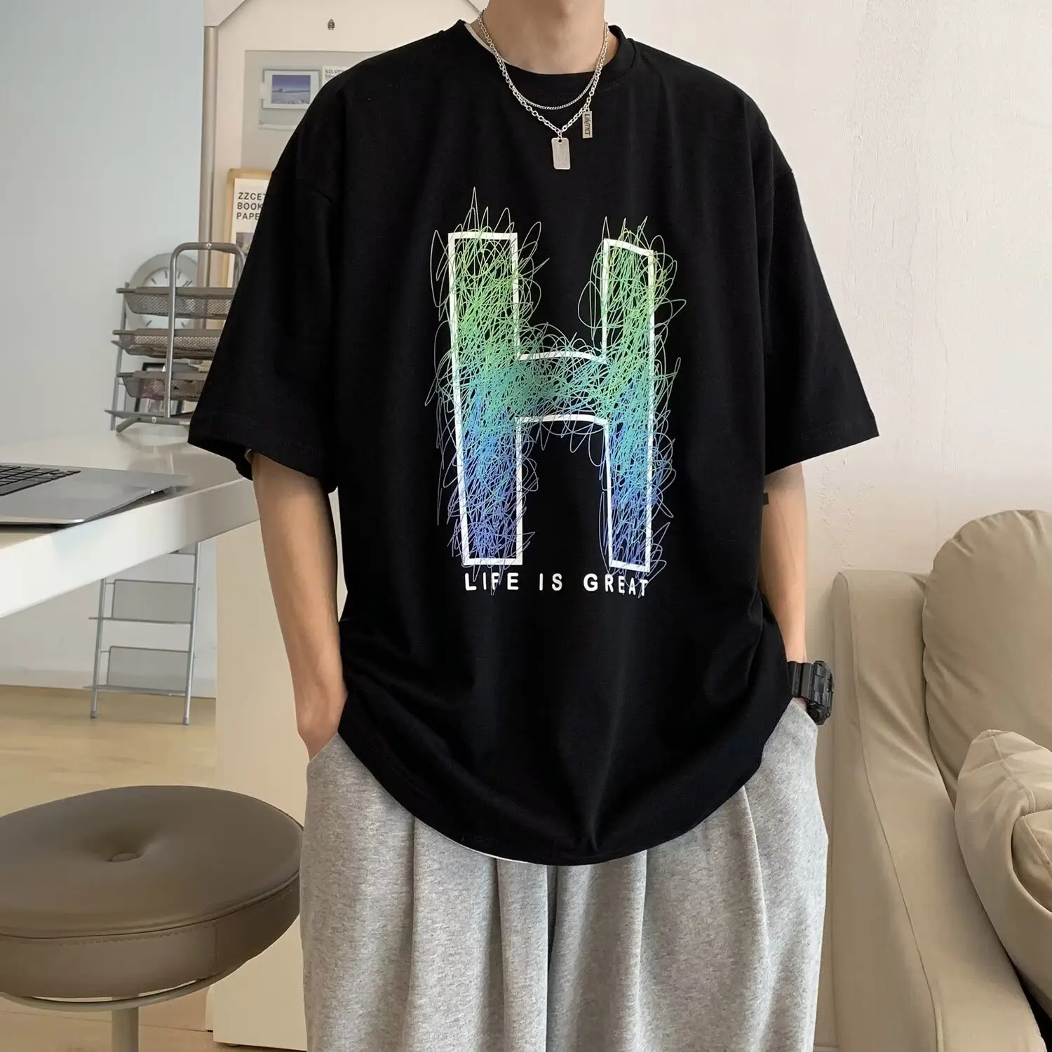 Handsome Letter Print Crew Neck TShirt Men'S Hong Kong Style Loose Short Sleeve TShirt