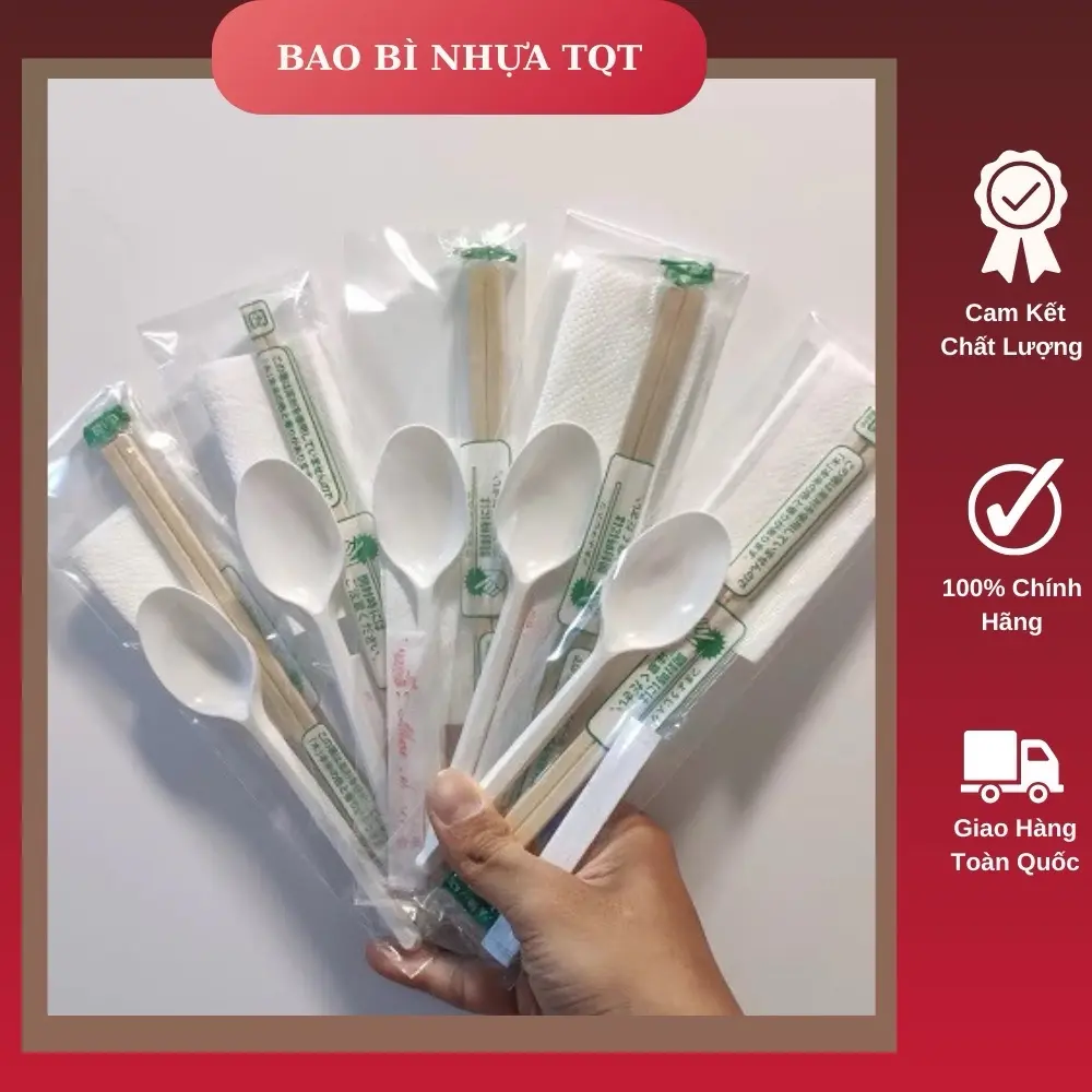 Combo 50 Bộ  Đũa-Muỗng-Khăn Giấy-Tăm Dùng 1 Lần ( đóng gói như hình ) Chọn Màu Muỗng, Có Setup Bộ Theo Yêu Cầu-Bao bì nhựa TQT