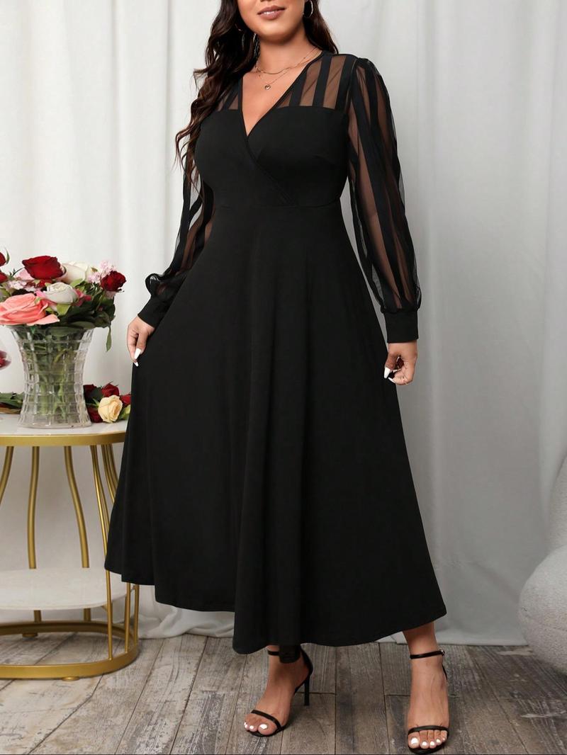 Product Introduction of 【Plus Size】 Contrast Mesh V Neck Dress, Elegant Flowy Long Sleeve Dress for Party Holiday Wedding Guest, Holiday Dresses, Women's Clothes for Spring & Fall 3