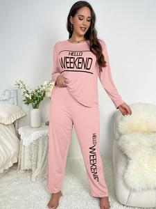 Plus Size Letter Print Long Sleeve Tee & Pants Pyjama Set, Casual Comfy Round Neck Top & Trousers PJ Set, Women's Sleepwear for All Seasons