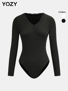 YOZY Women's Contrast Lace V Neck Bodysuit, Casual Comfy Ribbed Long Sleeve Bodysuit for Daily Wear, Ladies Clothes for All Seasons