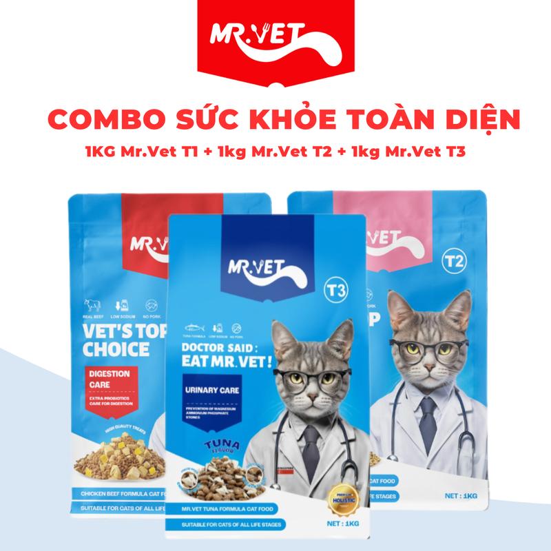 Combo Sức Khỏe Toàn Diện gồm 1kg Mr.Vet T1 + 1kg Mr.Vet T2 + 1kg Mr.Vet T3 dành cho mèo mọi lứa tuổi với Topping Thịt gà, Thịt tươi, Lòng đỏ trứng sấy khô
